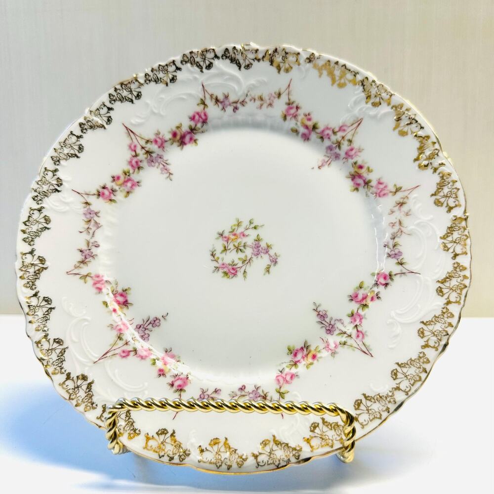 Vintage Porcelain German Plate Pink Flowers Gold Toned Accents